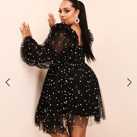 ASOS Luxe Curve Black Pearl Embellished Tulle Babydoll Mini Dress BNWT Plus Size - Picture 2 of 10